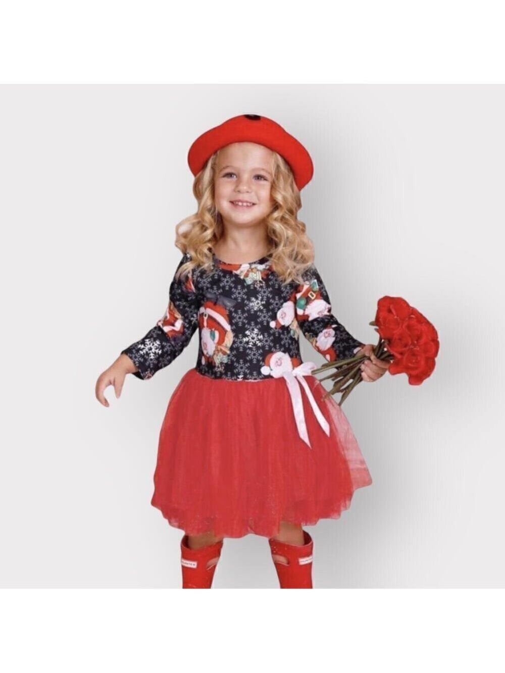 Santa Claus Christmas Dress NEW sz 8 10 Tulle Long Sleeve Snowflakes Black Red - Picture 2 of 8